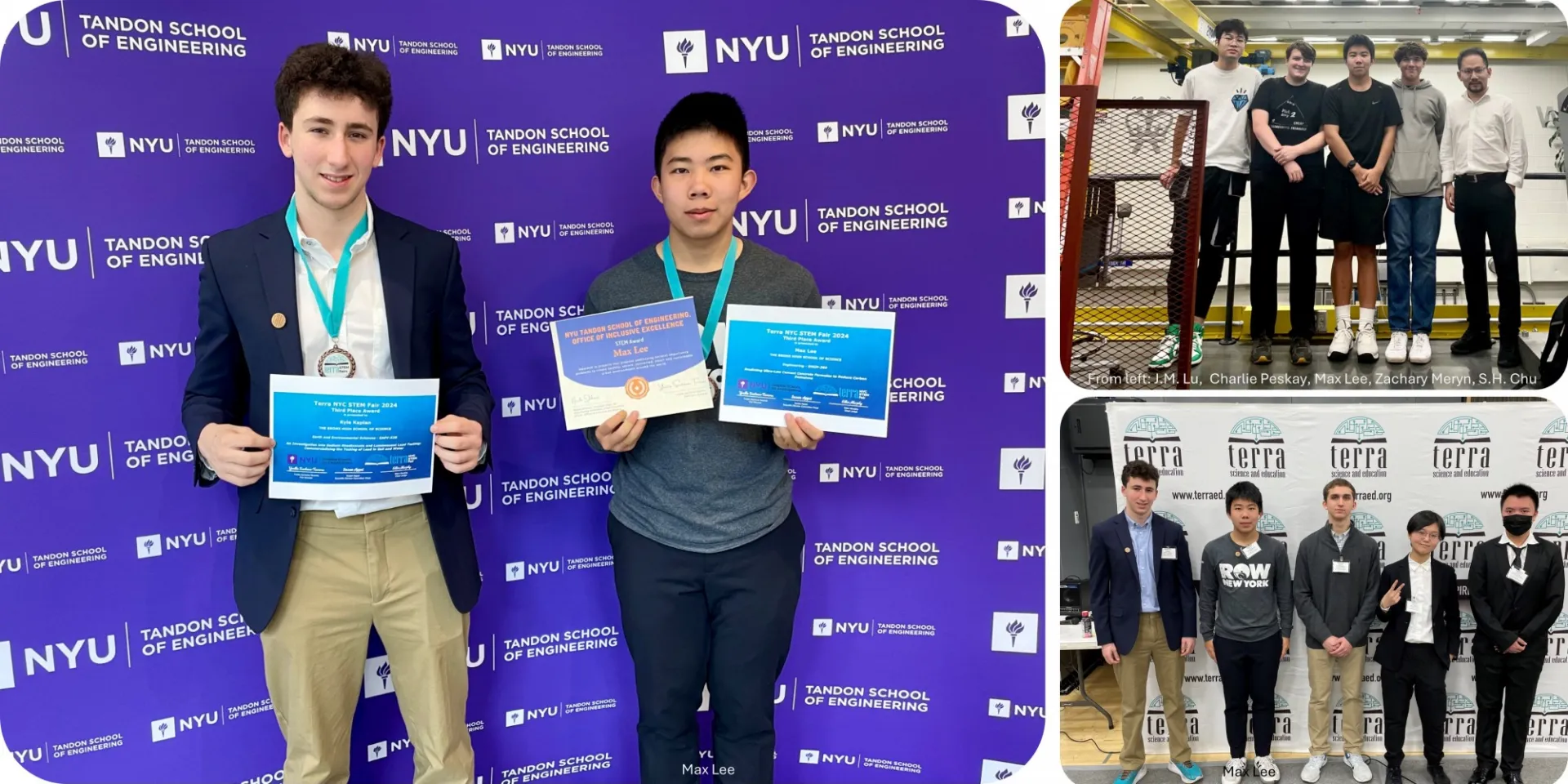 Left: Max Lee in award ceremony; Right up: Max Lee and his lab groupmate with S.H. Chu; Right down: Max Lee in NYC STEM Terra fair.